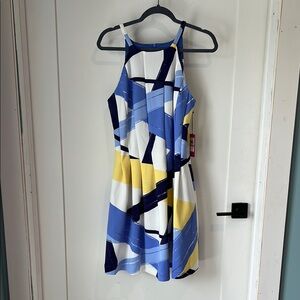 Vince Camuto Women’s Printed Scuba Halter Fit and Flare Dress